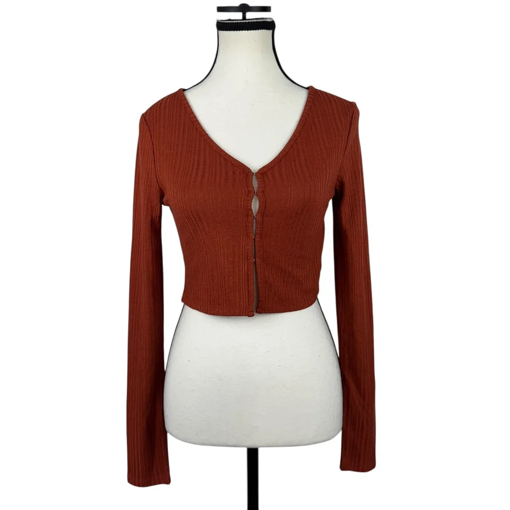 Womens Y2K Crop Top Small Orange Ribbed Fitted Minimalist Festival Cardigan NWT